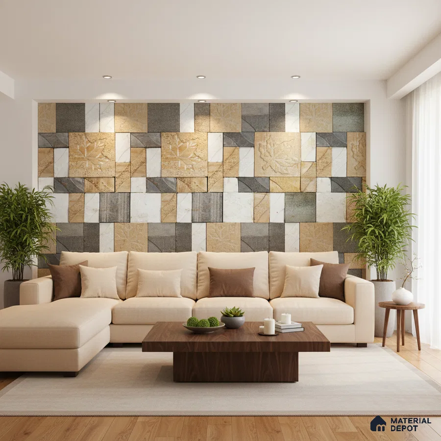 Modern living room with geometric stone cladding accent wall and beige upholstery in Bengaluru