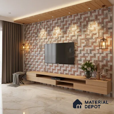 Modern living room with geometric stone cladding accent wall and light oak floating TV unit in Bengaluru