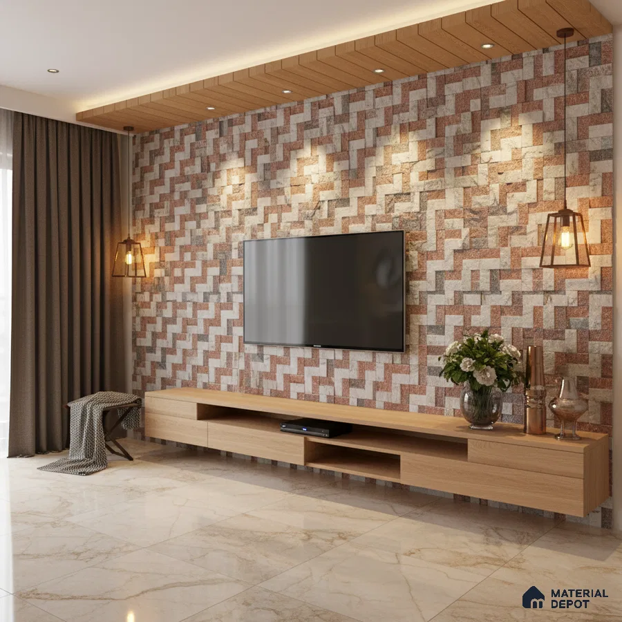 Modern living room with geometric stone cladding accent wall and light oak floating TV unit in Bengaluru