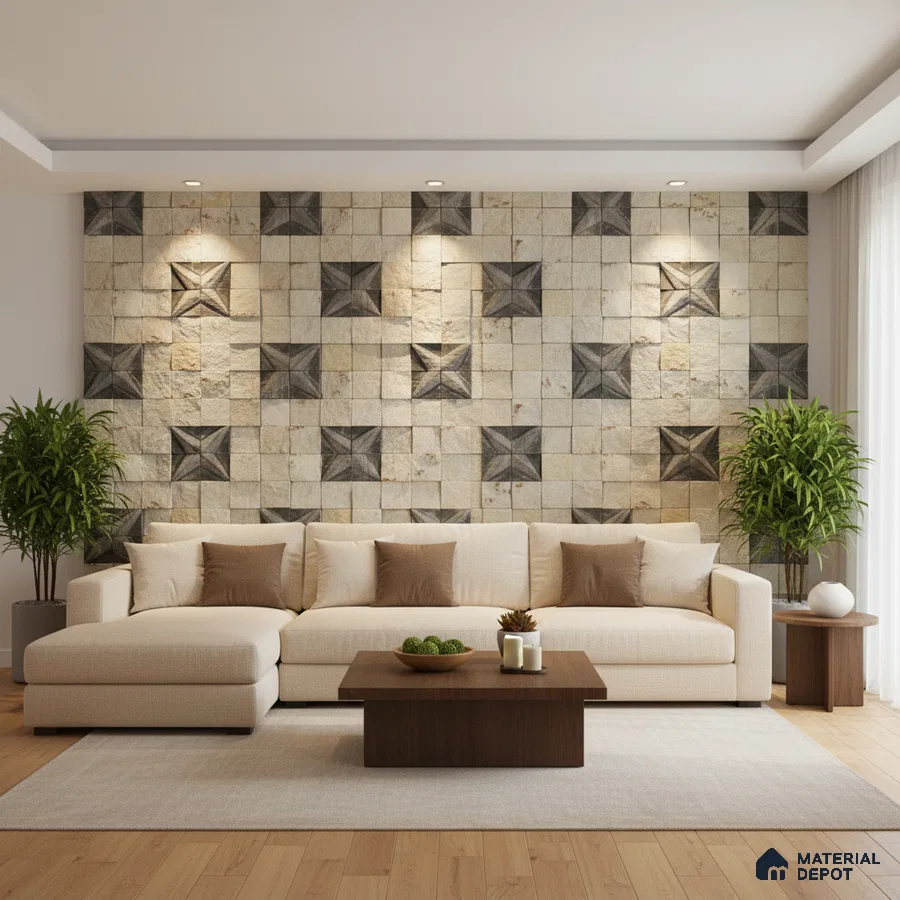 Modern living room with geometric stone cladding accent wall and light oak wooden flooring in Bengaluru