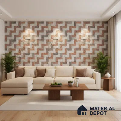 Modern living room with geometric stone cladding accent wall and light wood flooring in Bengaluru