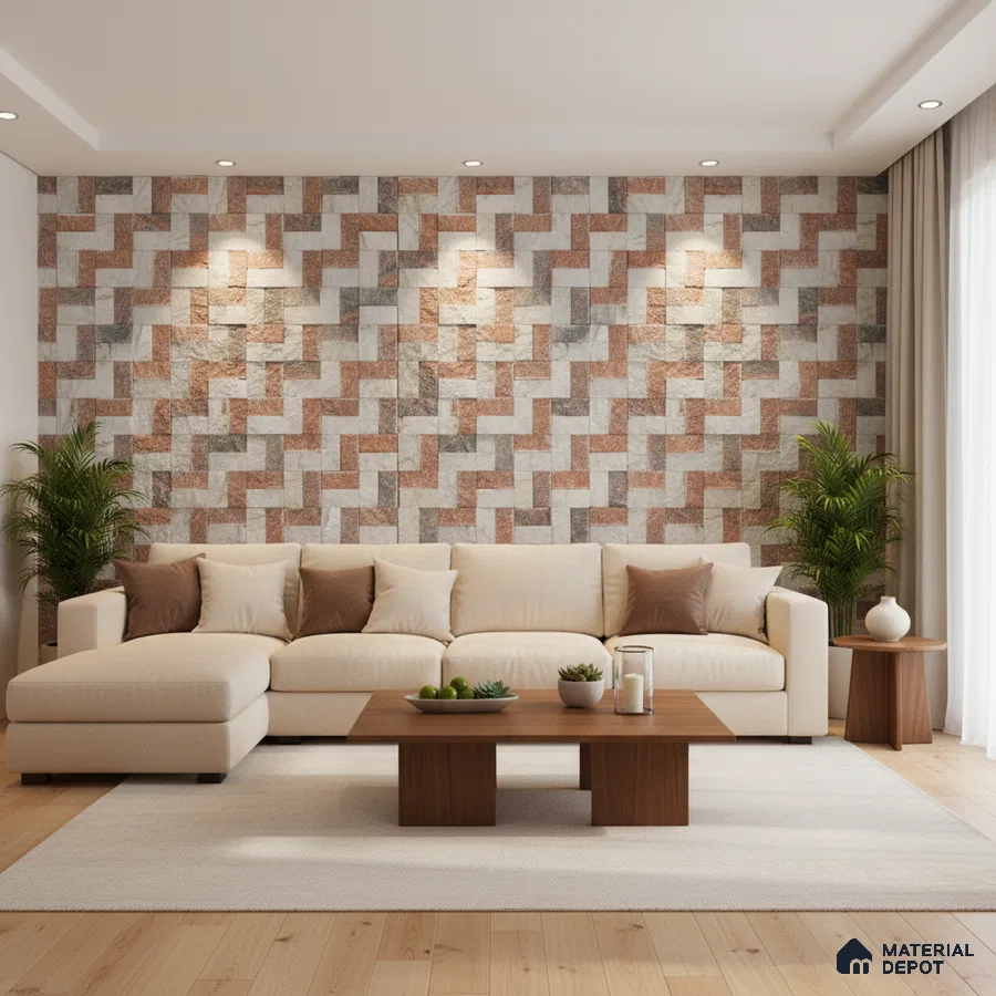 Modern living room with geometric stone cladding accent wall and light wood flooring in Bengaluru