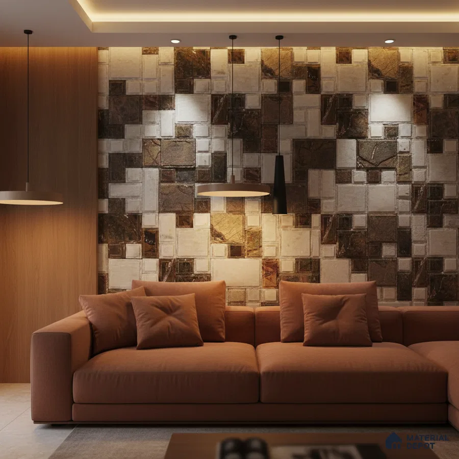 Modern living room with geometric stone cladding accent wall and terracotta sofa in Bengaluru