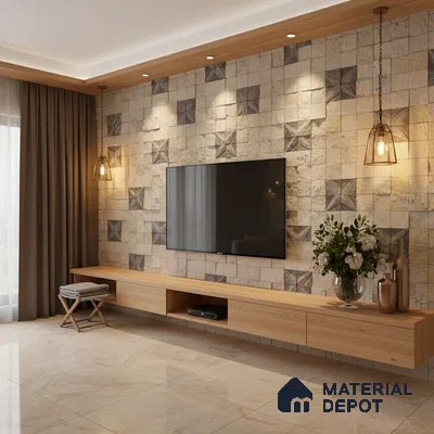 Modern living room with geometric stone cladding TV wall and light oak laminate floating unit in Bengaluru