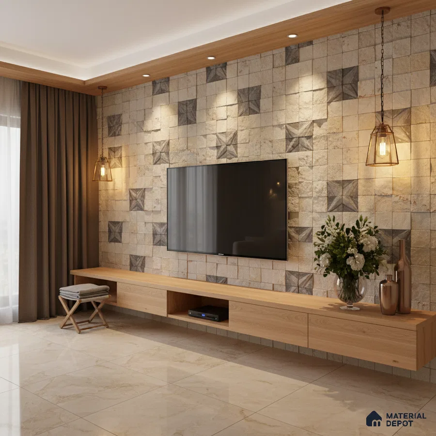 Modern living room with geometric stone cladding TV wall and light oak laminate floating unit in Bengaluru