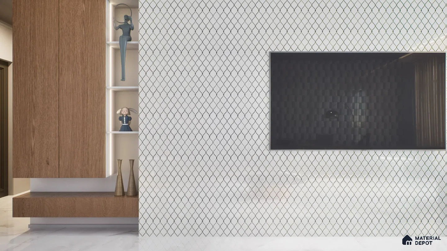 Modern Living Room with Geometric Tile Accent Wall | Material Depot