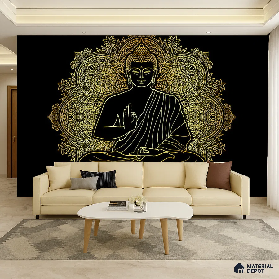 Modern living room with gold Buddha patterned wallpaper and beige sofa in Bengaluru