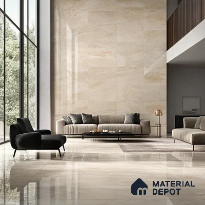 Modern Living Room with Grand Beige Stone Wall and Black Accent Chairs | Material Depot
