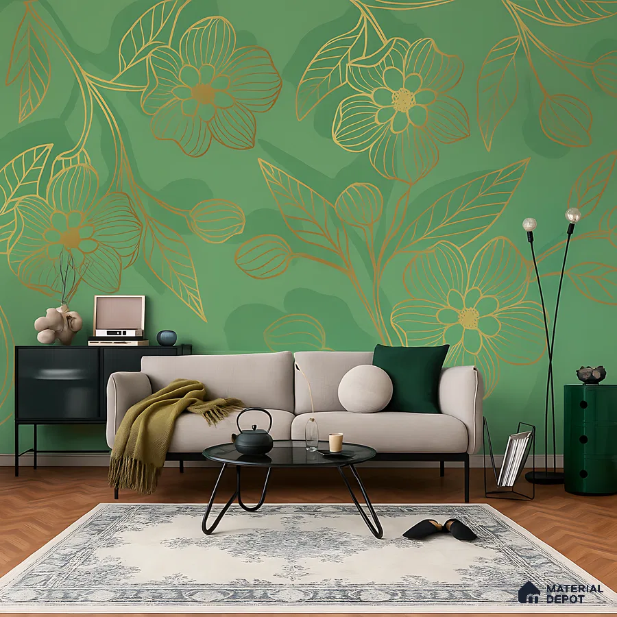 Modern living room with green floral wallpaper and light beige sofa in Bengaluru