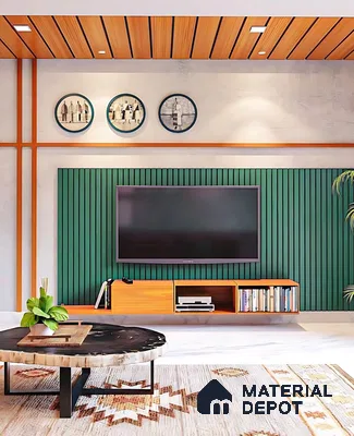 Modern living room with green fluted wall panels, wooden ceiling louvers, and marble top coffee table in Sattva Oppus Whitefield 3 BHK Bengaluru Apartment