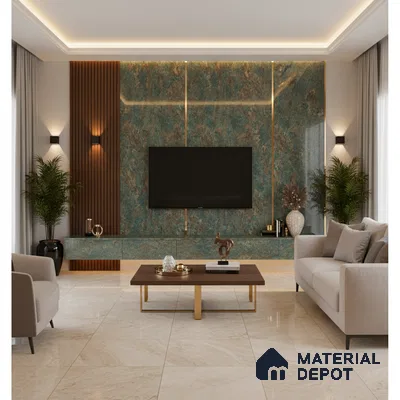 Modern living room with white marble laminate TV unit, walnut wood louvers, and beige marble floor tiles in Bengaluru