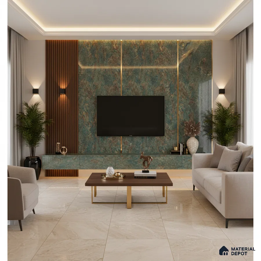Modern living room with white marble laminate TV unit, walnut wood louvers, and beige marble floor tiles in Bengaluru