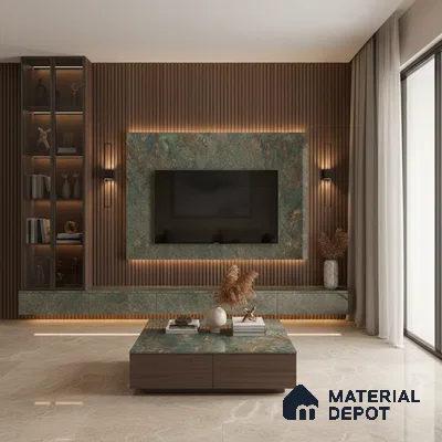 Modern living room with marble-look TV wall, wooden louvers, and beige floor tiles in Bengaluru
