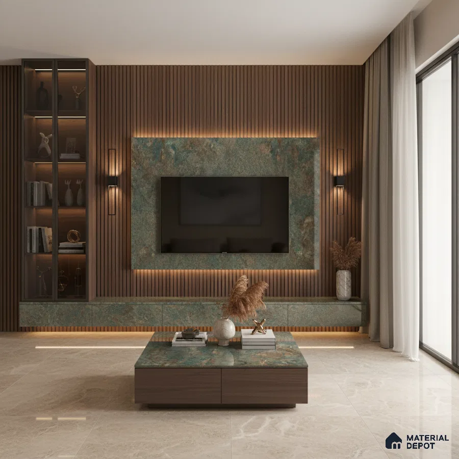 Modern living room with marble-look TV wall, wooden louvers, and beige floor tiles in Bengaluru