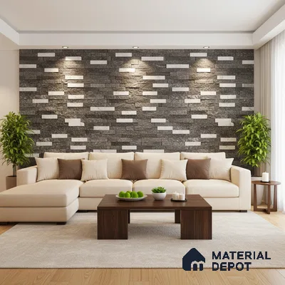 Modern living room with grey and white stone cladding accent wall and beige sectional sofa in Bengaluru