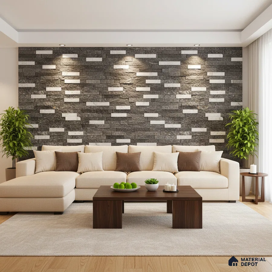 Modern living room with grey and white stone cladding accent wall and beige sectional sofa in Bengaluru
