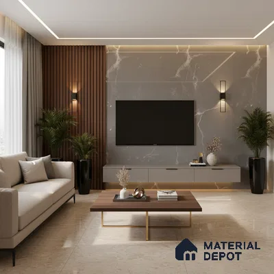 Modern living room with green stone-look laminate TV unit, walnut fluted wall panels, and beige marble floor tiles in Bengaluru