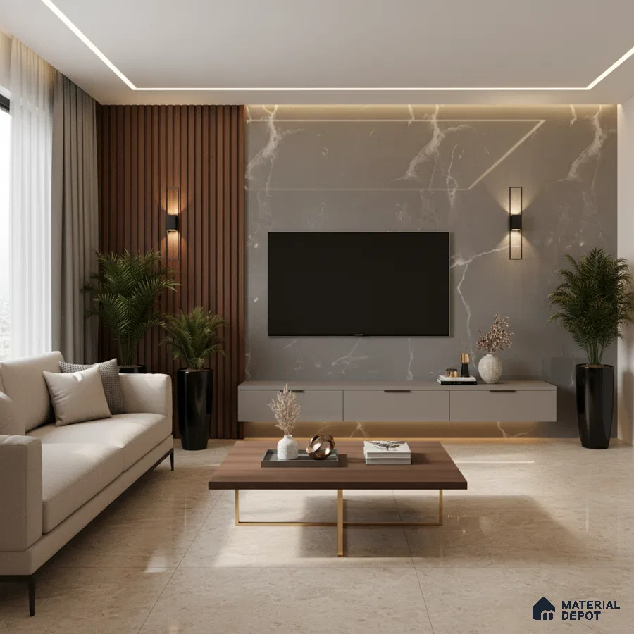 Modern living room with green stone-look laminate TV unit, walnut fluted wall panels, and beige marble floor tiles in Bengaluru