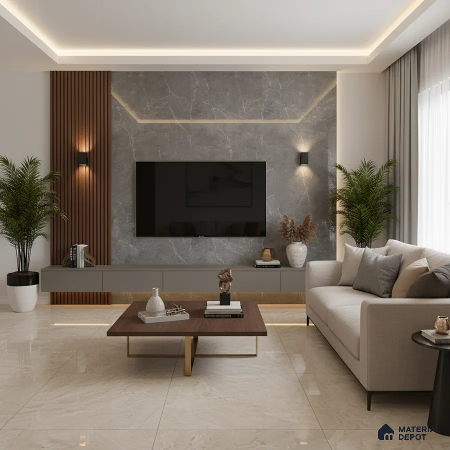 Modern living room with black marble laminate TV unit, walnut wood fluted panels, and beige marble floor tiles in Bengaluru