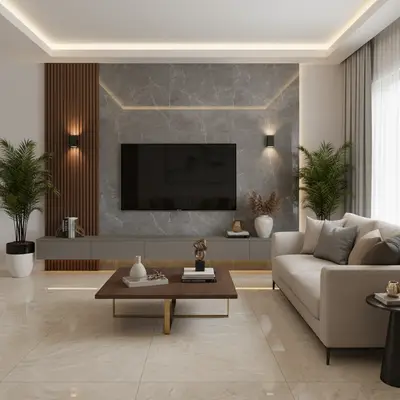 Modern living room with black marble laminate TV unit, walnut wood fluted panels, and beige marble floor tiles in Bengaluru