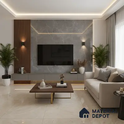 Modern living room with black marble laminate TV unit, walnut wood fluted panels, and beige marble floor tiles in Bengaluru