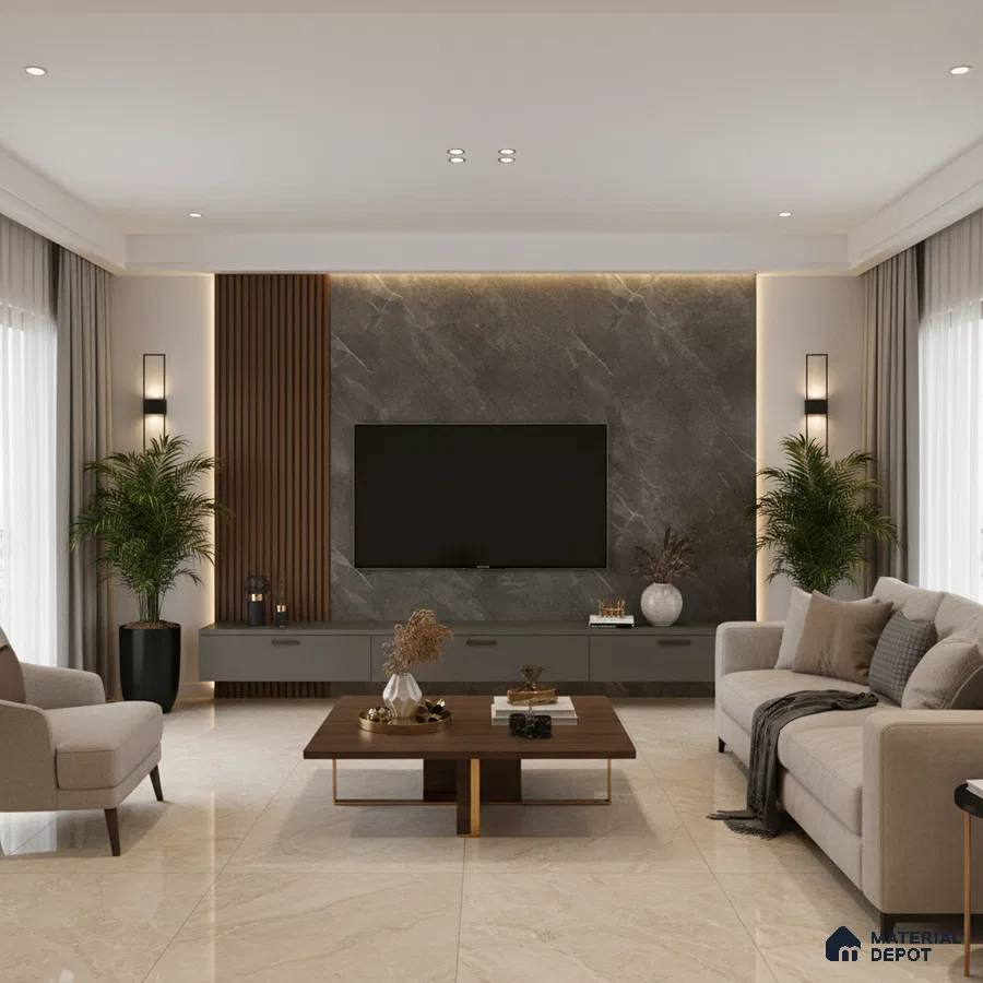 Modern living room with marble laminate TV wall, wooden fluted panels, and beige floor tiles in Bengaluru
