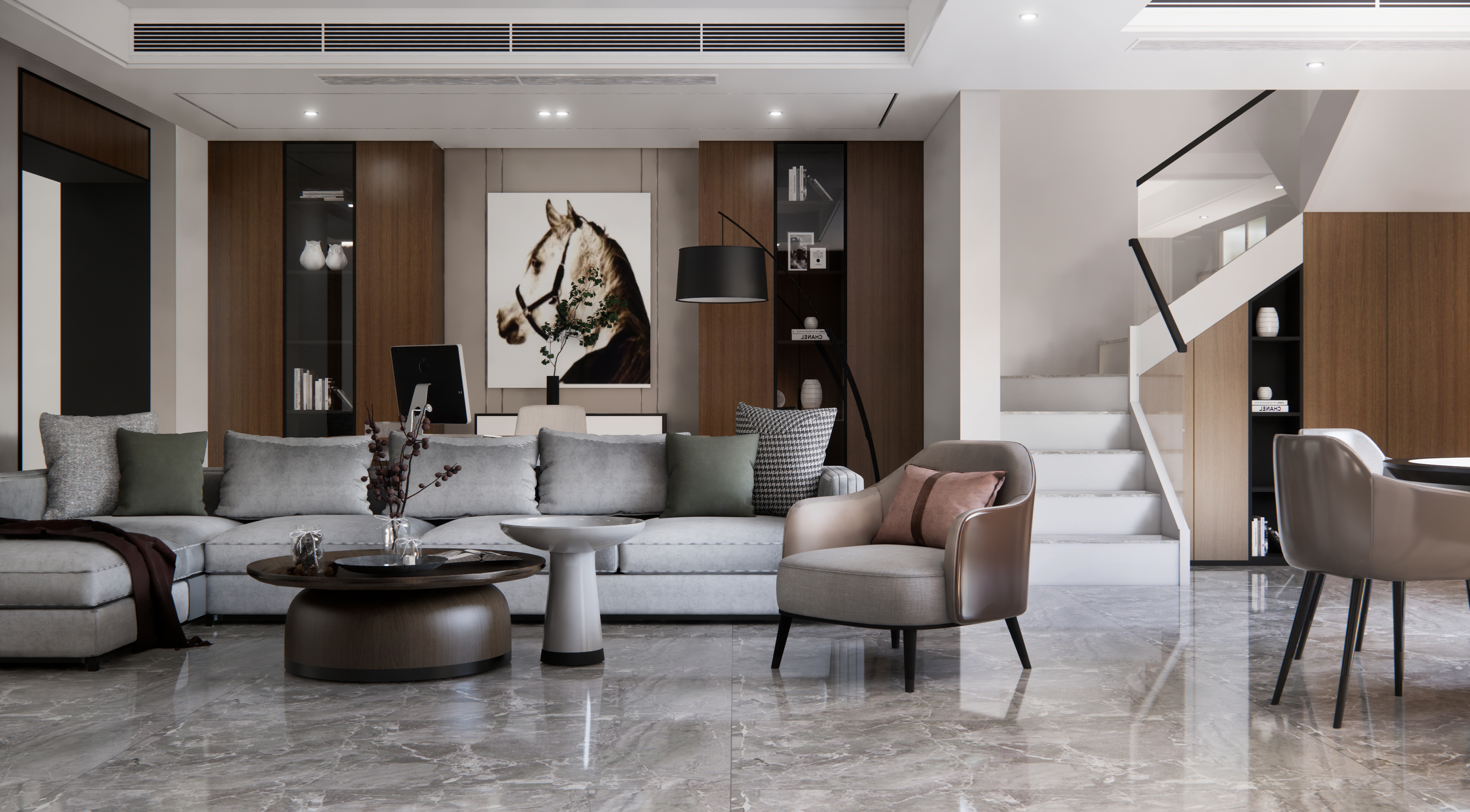 Modern Living Room with Grey Marble Flooring and Sleek Wooden Accents | Material Depot