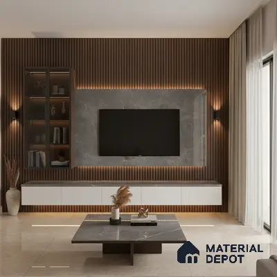 Modern living room with white marble laminate TV unit, walnut brown fluted wall panels, and marble floor tiles in Bengaluru