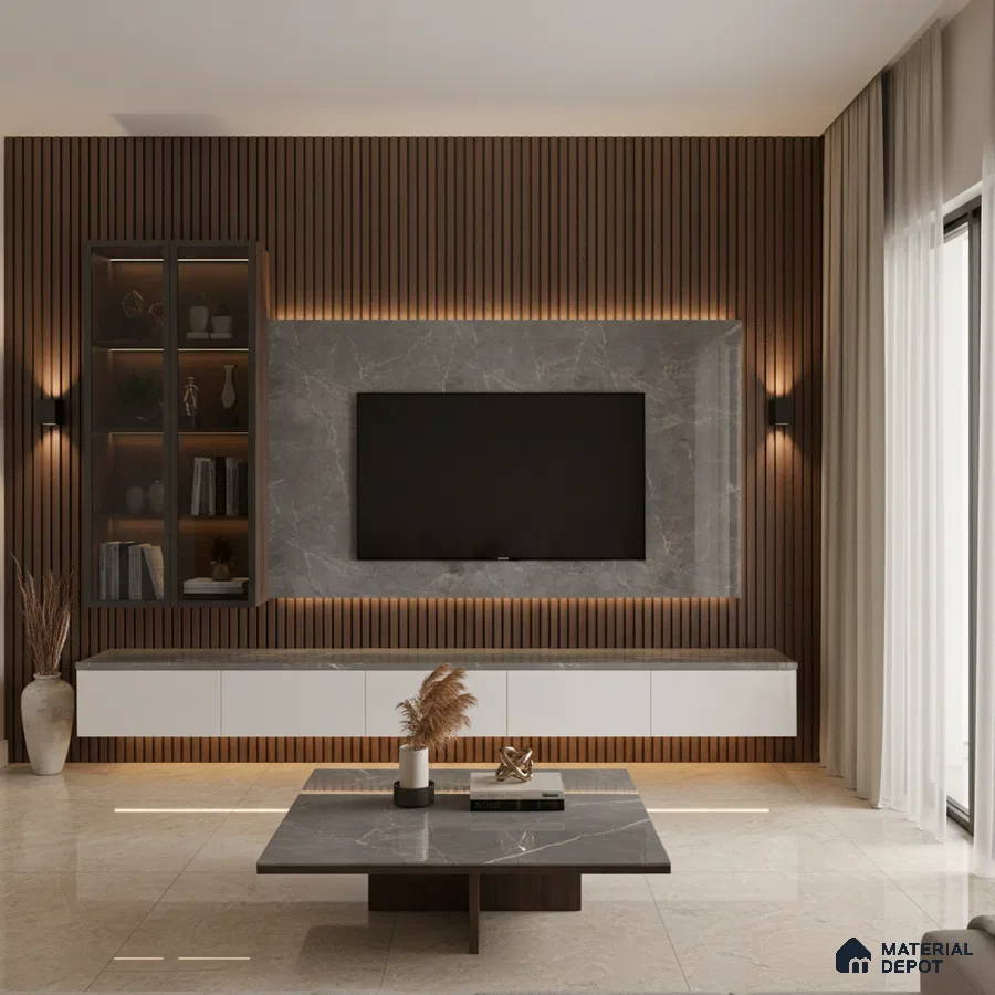 Modern living room with white marble laminate TV unit, walnut brown fluted wall panels, and marble floor tiles in Bengaluru