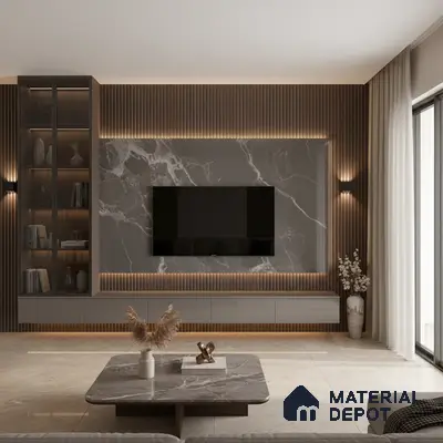 Modern living room with white marble laminate TV unit, walnut wood fluted wall panels, and beige marble floor tiles in Bengaluru