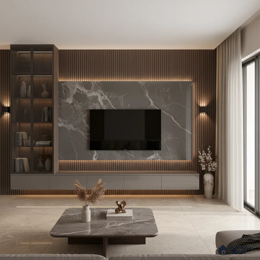 Modern living room with white marble laminate TV unit, walnut wood fluted wall panels, and beige marble floor tiles in Bengaluru