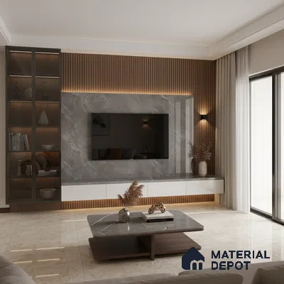 Modern living room with marble laminate TV unit, walnut wood fluted wall panels, and beige marble floor tiles in Bengaluru