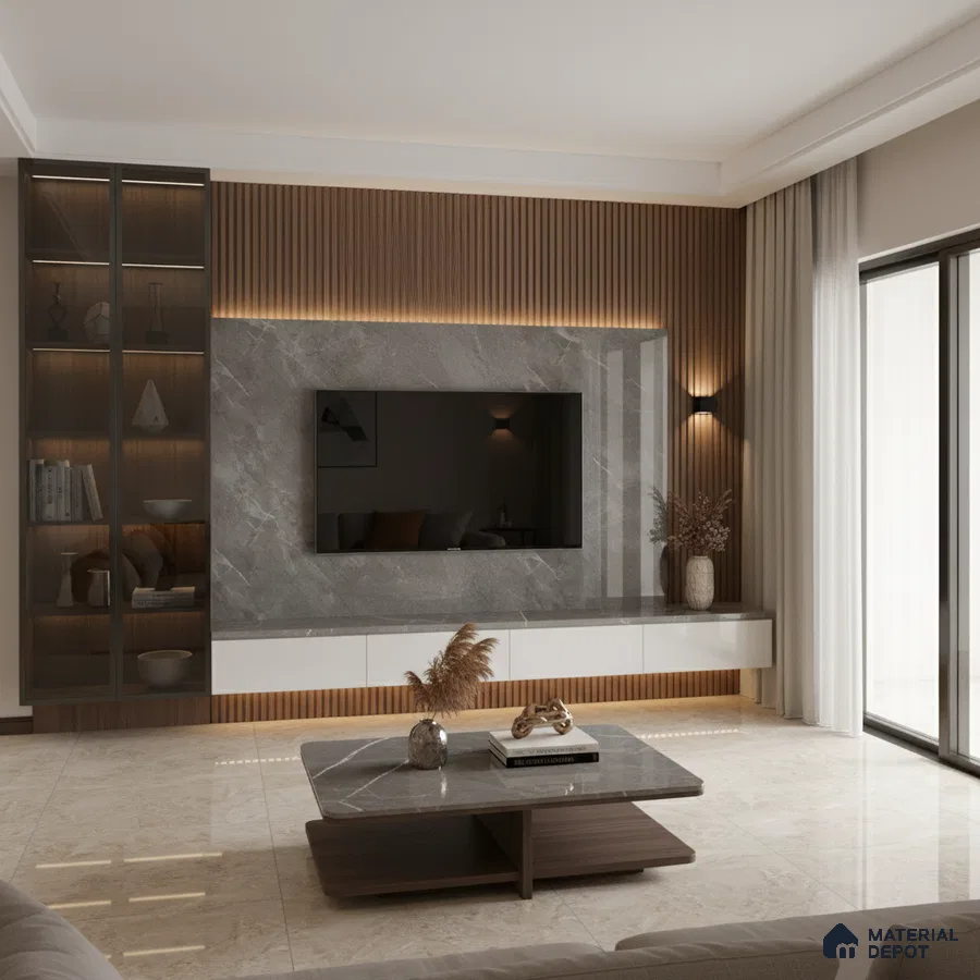 Modern living room with marble laminate TV unit, walnut wood fluted wall panels, and beige marble floor tiles in Bengaluru