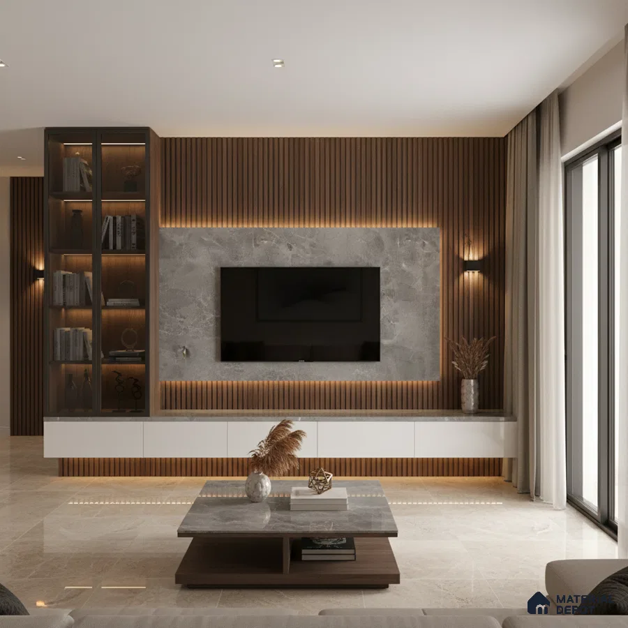 Modern living room with bookmatch marble laminate TV wall and wooden louver accent in Bengaluru