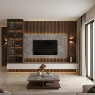 Modern living room with bookmatch marble laminate TV wall and wooden louver accent in Bengaluru