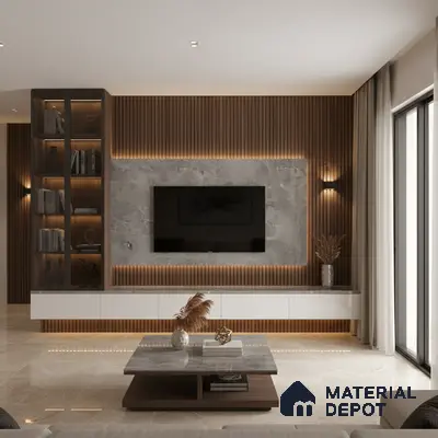 Modern living room with bookmatch marble laminate TV wall and wooden louver accent in Bengaluru