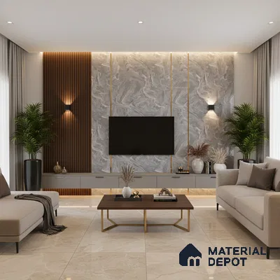 Modern living room with white marble laminate TV wall, walnut wood louvers, and beige floor tile in Bengaluru