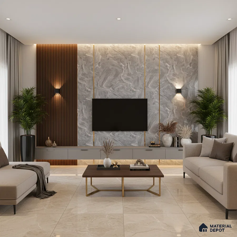 Modern living room with white marble laminate TV wall, walnut wood louvers, and beige floor tile in Bengaluru