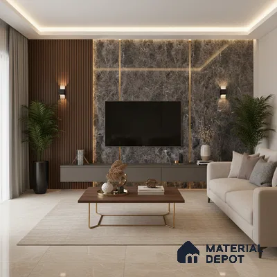 Modern living room with bookmatch marble laminate TV wall and walnut brown wooden louvers in Bengaluru