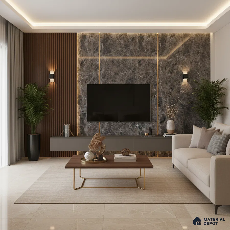 Modern living room with bookmatch marble laminate TV wall and walnut brown wooden louvers in Bengaluru