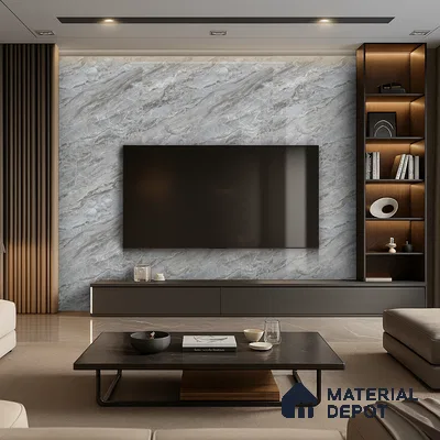 Modern Living Room with White and Gold Marble-Look Laminate TV Wall | Material Depot