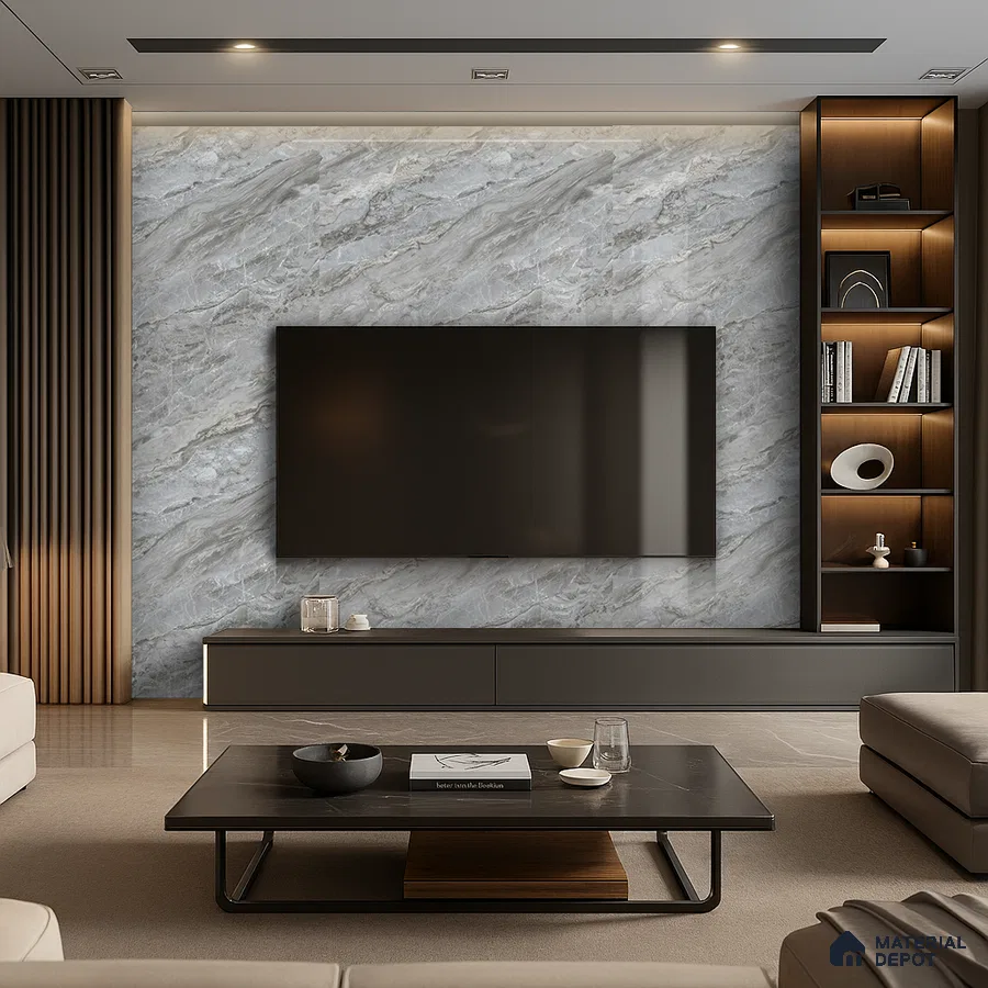 Modern Living Room with White and Gold Marble-Look Laminate TV Wall | Material Depot