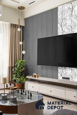 Modern living room with grey matte wall panels, abstract wallpaper, and beige fluted TV unit in Purva Midtown B-Narayanapura 3 BHK Bengaluru Apartment