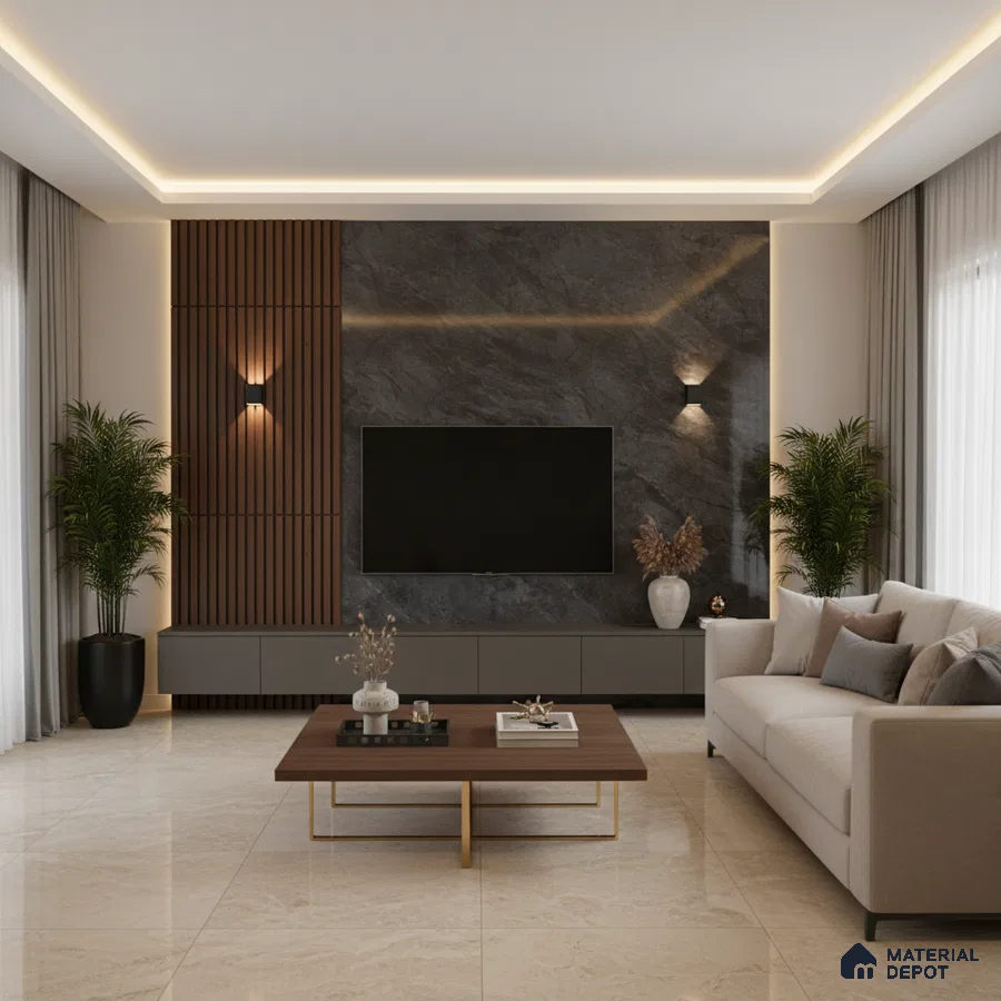 Modern living room with white marble laminate TV unit, walnut brown fluted wall panels, and beige floor tiles in Bengaluru