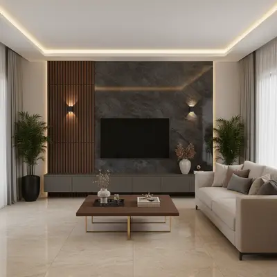 Modern living room with white marble laminate TV unit, walnut brown fluted wall panels, and beige floor tiles in Bengaluru