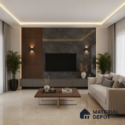 Modern living room with white marble laminate TV unit, walnut brown fluted wall panels, and beige floor tiles in Bengaluru