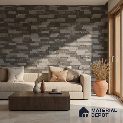 Modern living room with grey stone cladding accent wall and beige marble floor tiles in Bengaluru