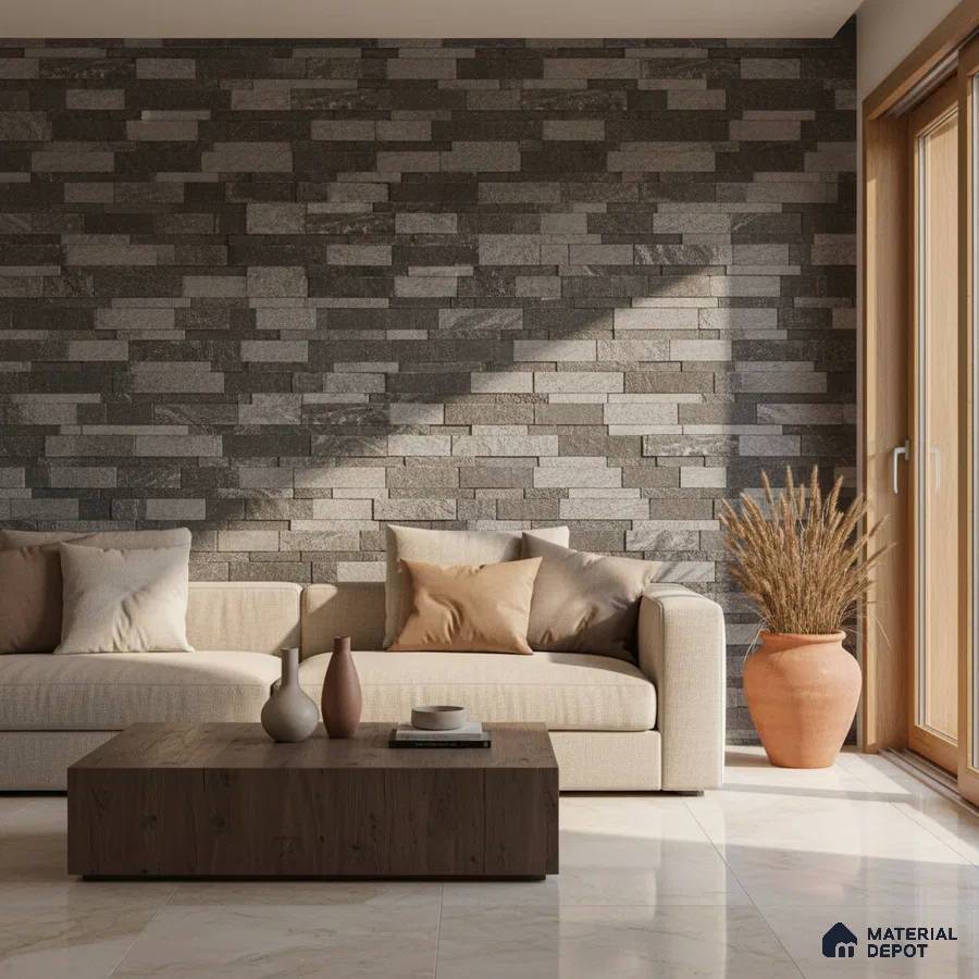 Modern living room with grey stone cladding accent wall and beige marble floor tiles in Bengaluru