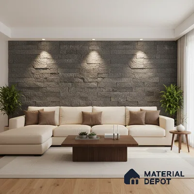 Modern living room with grey stone cladding accent wall and light oak wooden flooring in Bengaluru