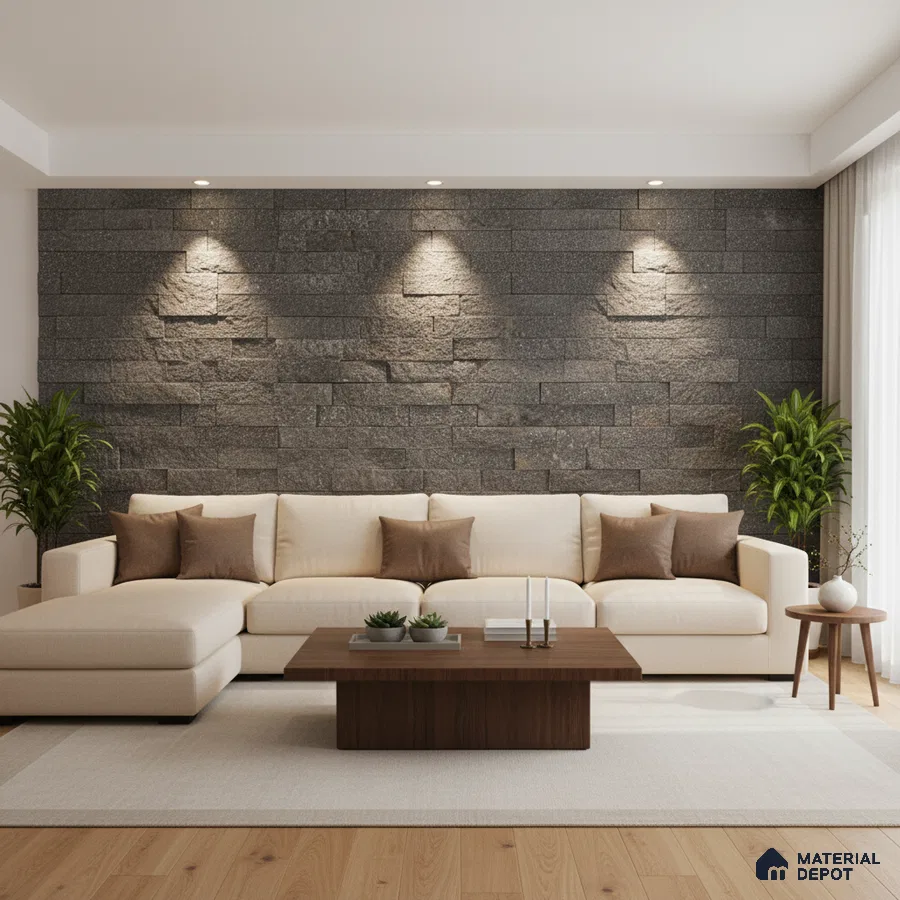 Modern living room with grey stone cladding accent wall and light oak wooden flooring in Bengaluru
